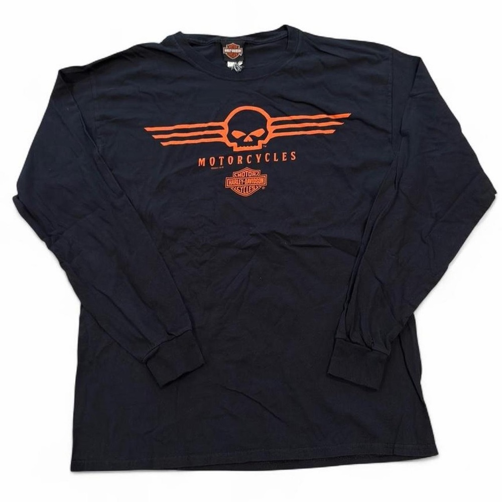 Harley Davidson black long sleeve shirt with orange skull design. Size L